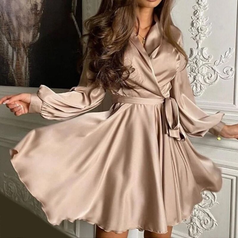 Mojoyce V-Neck Belt Satin Mini Dress Autumn Fashion Lantern Sleeve Comfort Night Club A-Line Party Dresses For Women