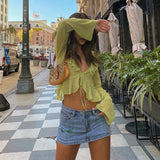 Mojoyce Fashion Boho Ruffle Blouse See-Through Lace V-Neck Tops For Women Long Sleeve Summer Shirt Party Beach Cropped Top 2023