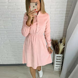 Mojoyce Casual O-Neck Button Ruffles A-Line Dress Autumn Fashion Long Sleeve Solid Loose Elegant Party Dresses For Women 2021