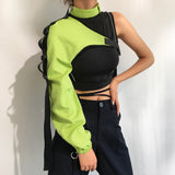 Mojoyce   Streetwear Neon Halter Sweatshirt Hoodie Buckle Reflective Smock One Shoulder Women's Sweatshirts Holographic Outwear