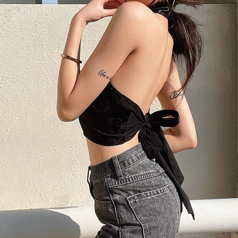 Mojoyce   Chinese Style Elegant Jacquard Black Halter Top Backless Lace Up Bow Summer Tank Top Women Sexy Vest Gothic Crop Tops
