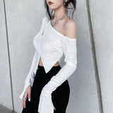 Mojoyce Irregular Off Shoulder Sexy Crop Top T Shirt Women Solid Hollow Out Long Sleeve Basic T-Shirt Ladies Korean Autumn