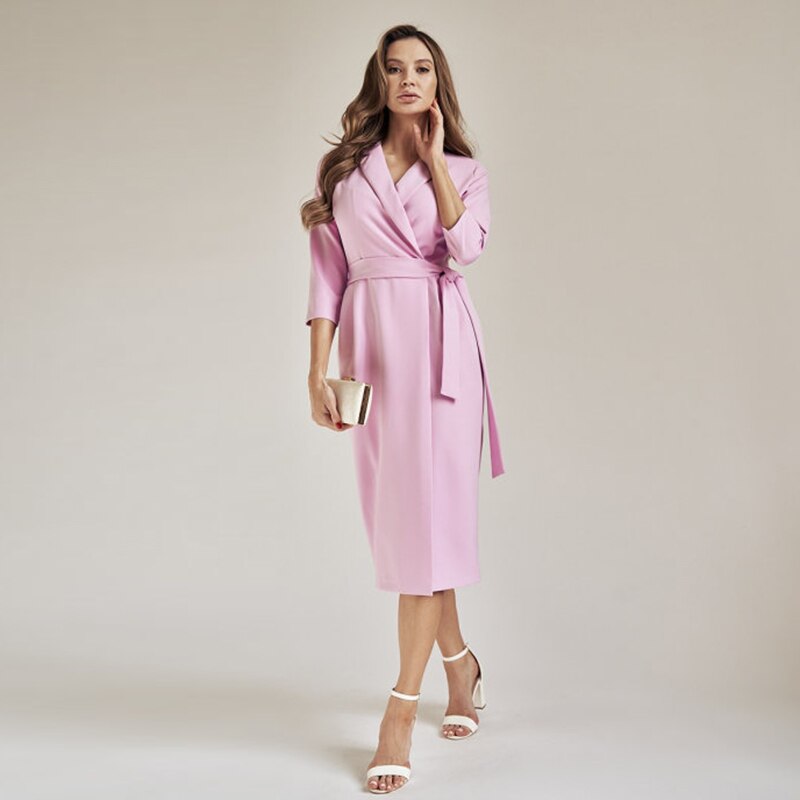 Mojoyce Casual Suit Collar Belt Straight Dress Autumn Seven Sleeve Solid Color Home Wear Office Lady Dresses For Women 2021