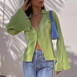 Mojoyce  Green Vintage Flare Sleeve Top Shirt Y2K Button Up V Neck Blouse Aesthetic Korean Fashion Streetwear Women's Shirts