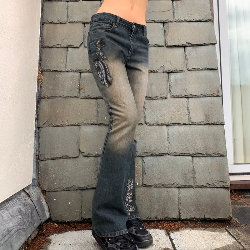 Mojoyce  Fairycore Grunge Y2K Graphic Low Waist Jeans Women Vintage Embroidery Skinny Denim Pants 2000S Aesthetic Jeans Bottom