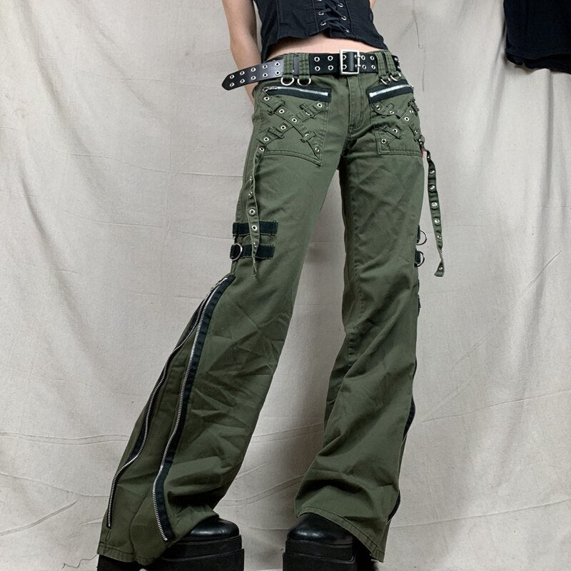 Mojoyce Women Korean Sweatpants Bandage Low Waist Cargo Pants Gothic Punk Baggy Retro Kawaii Trousers Grunge Green Zipper Jeans