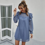 Mojoyce New Spring Summer Sweet Solid Dress Women Ruffles Full Sleeve Stand Collar Jacquard Sexy Short Dresses Ladies Holiday Style