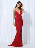 Mojoyce Elastic Sequin V Collar Exposed Back Long Dress NAVY/SILVER/PINK/BLACK/RED/Champagne LM80119