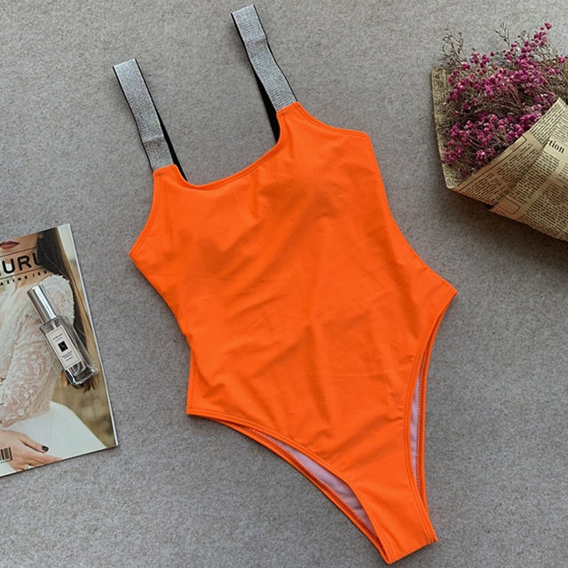 New 2022 Shiny Bandage Female Swimwear One Piece Swimsuit Women High Cut Monokini Bather Low Back Bathing Suit Swim Bodysuit