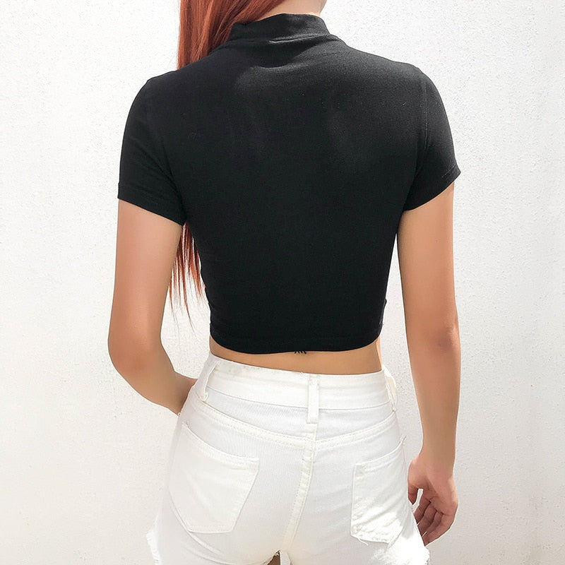 Mojoyce   Streetwear Bodycon Cropped T Shirt Women Short Sleeve Buckle Patchwork Crop Top Fashion Summer Tshirt Slim Tee Shirts