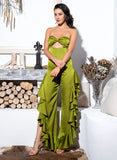 Mojoyce Sexy Green Tube Top Cut Out Side Slit Ruffled Jumpsuit LM81772