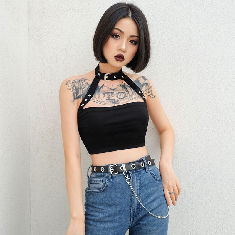 Mojoyce  Cotton Halloween Punk Choker Halter Top Women Cami Backless Buckle Crop Top Clothes Camisole Sexy Tops Cropped Gothic