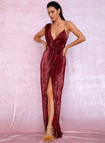 Mojoyce Sexy Deep Red Deep V-Neck Whit Split Sequins Party Maxi Dress LM81849