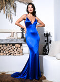 Mojoyce Sexy Blue Deep V-Neck Open Back Slim Flash Material Long Dress LM81222