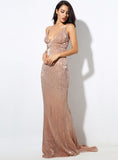 Mojoyce Elastic Sequin V Collar Exposed Back Long Dress NAVY/SILVER/PINK/BLACK/RED/Champagne LM80119