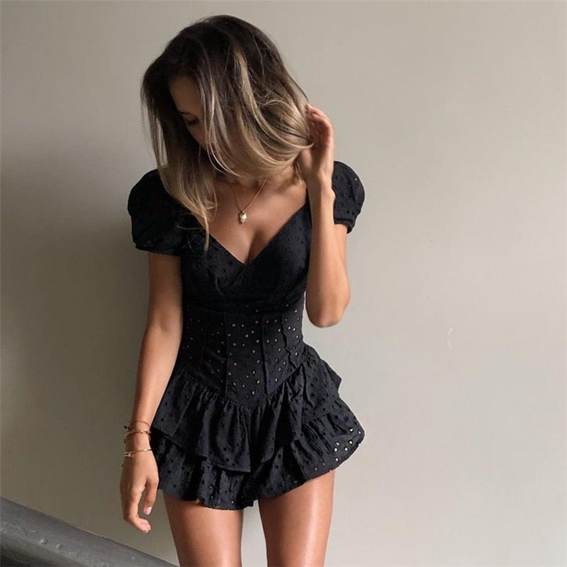 Mojoyce   Fashion V Neck Ruffles Pleated Dress Women Puff Sleeve Chic Black Summer Dress Party Hollow Out Vintage Corset Ladies