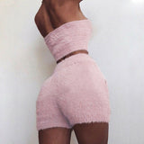 Mojoyce Sexy Women Set Soft 2 Piece Sets Fluffy Plush Summer Sets Bodycon Sleeveless Crop Top Elastic Shorts Cocktail Party Clothes