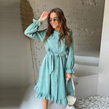 Mojoyce Casual O-Neck Corduroy Belt Ruffle Dress Autumn Flared Sleeves Single-Breasted Office Lady A-Line Dresses For Women