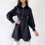 Mojoyce Sexy Turn Down Collar Backless Shirt Dress Autumn Lantern Sleeve Single-Breasted A-Line Party Dresses For Women