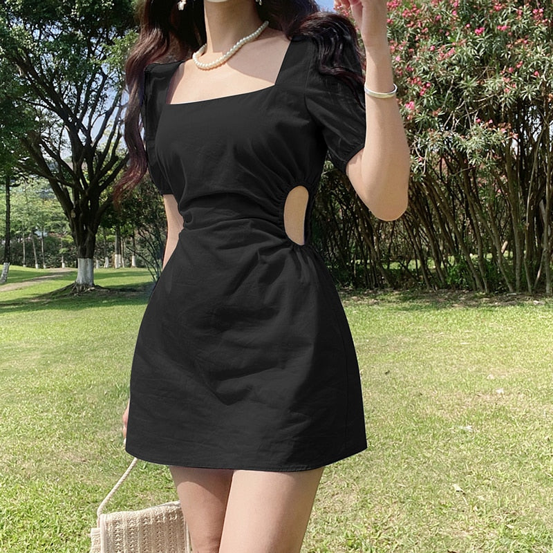 Mojoyce Square Neck Korean Fashion Solid Summer Dress Mini Casual Hollow Out Dresses For Women 2022 Cute Sundress Clothes New