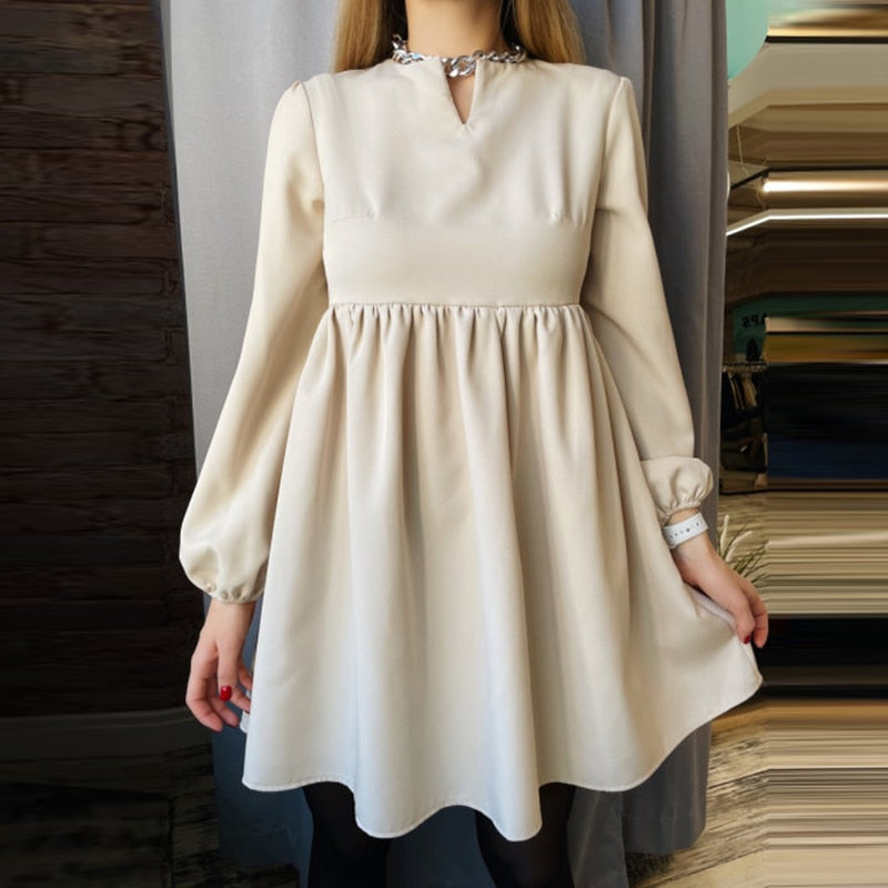Mojoyce O-Neck Folds Lantern Sleeve Casual Dresses Autumn Solid Color A-Line Loose Comfort High Waist Dress For Women New