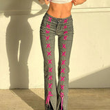 Mojoyce Vintage Fashion Skinny Lace Up Y2K Low Rise Jeans Female Streetwear Bandage Split Flared Jeans Denim Pants Aesthetic