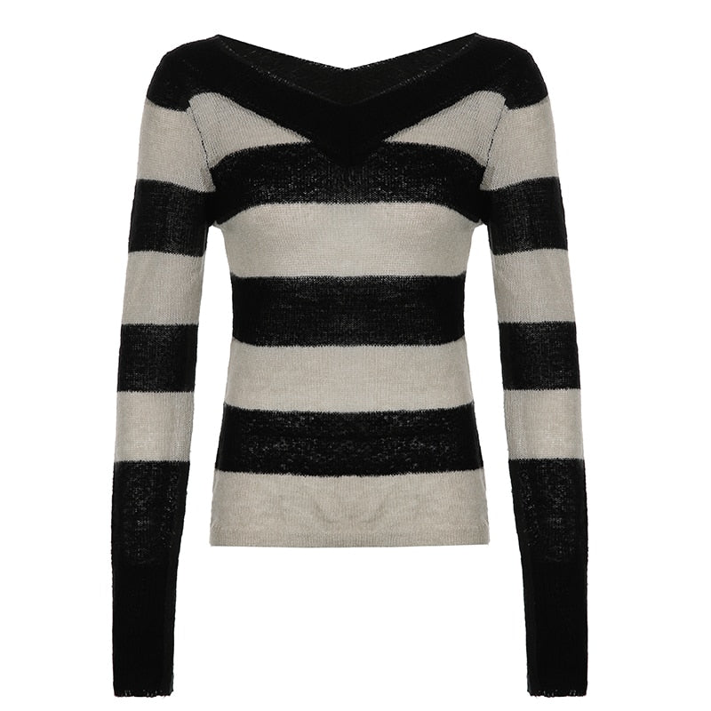 Mojoyce   V Neck Stripe Long Sleeve Knitted Sweater Women Tops Casual Basic Vintage Autumn Pullover Tops Y2K Pull Femme Clothes