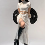 Mojoyce Asymmetrical Drawstring White Long Skirt Women Harajuku Solid Side Split High Waist Summer Skirts Lace Up Party 2022