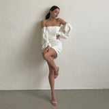 Mojoyce Sexy Off The Shoulder Bodycon White Dress Autumn Puff Sleeve High Waist Mini Night Club Party Desses For Women