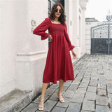 Spring Flare Sleeve Pleated Dress For Women 2022 New Slash Neck Solid Medium Long High Wasit Party Dresses Female Casual