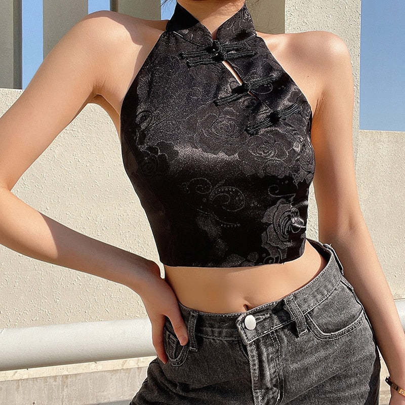 Mojoyce   Chinese Style Elegant Jacquard Black Halter Top Backless Lace Up Bow Summer Tank Top Women Sexy Vest Gothic Crop Tops