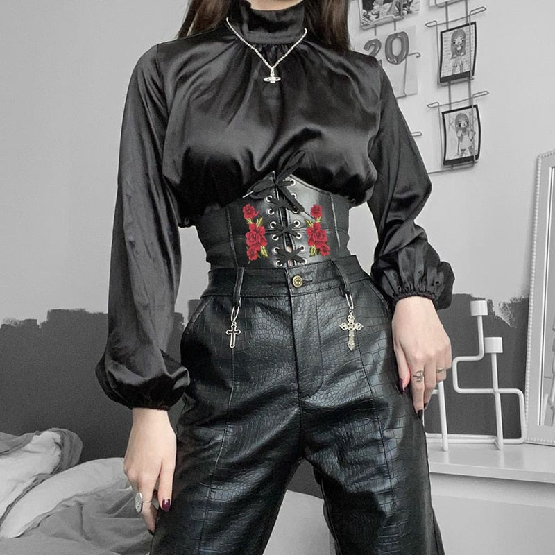 Mojoyce Streetwear Mall Goth Dark PU Leather Top Women Floral Lace Up Corset Top Bandage Cummerbunds Belt Outfits Gothic