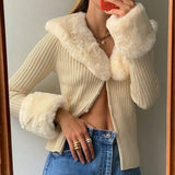 Mojoyce Ribbed Knitted Cardigans Sweaters With Fur Trim Collar Long Sleeve Slim Autumn Winter Jumpers Women Knitwear Chic 42015