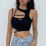 Mojoyce Summer Black Sleeveless Crop Top Women Bandage Basic Casual Tanks Camis Tops Tees Fitness Hollow Out Camisole