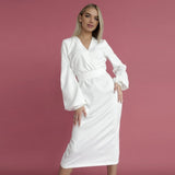 Mojoyce Casual V-Neck Elegant Bodycon Midi Dress Autumn Lantern Sleeve High Waist Slit Party Formal Dresses For Women