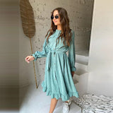 Mojoyce Casual O-Neck Corduroy Belt Ruffle Dress Autumn Flared Sleeves Single-Breasted Office Lady A-Line Dresses For Women