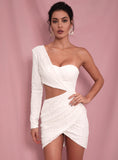 Mojoyce Sexy White Cut Out Single Sleeve Glitter Glue Bead Material Bodycon Party Dress LM81650