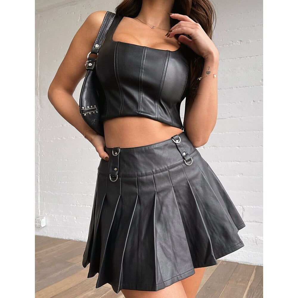 Mojoyce Womens Sexy PU Leather Clothes Square Neck Sleeveless Tank Tops Crop Top Can Match Pleated Short Mini Skirt