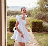 Mojoyce Sweet Square Collar Bow Strap Dress Summer Fashion Sleeveless Bandage Backless A Line Mini White Dresses For Women 2022