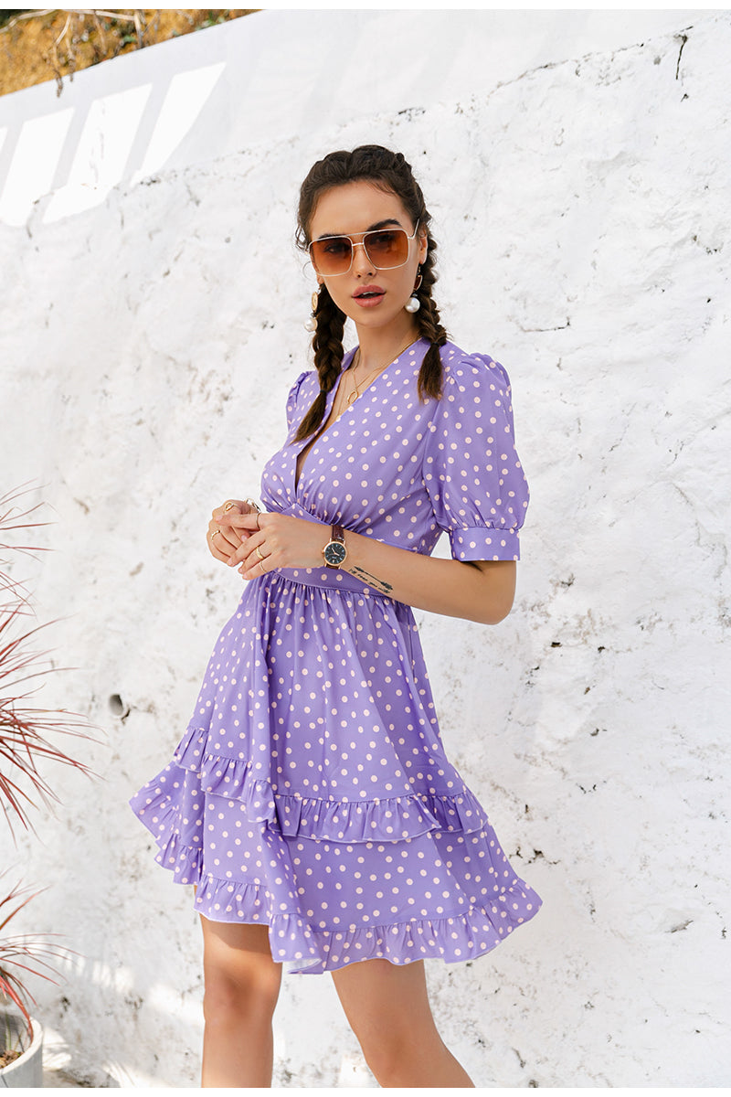 Mojoyce Purple v-neck polka-dot women Short Dress 2022 Casual Puff sleeve A-line High Waist Sundress Sexy Summer Outfit Vestidos