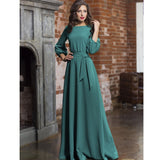 Mojoyce Casual O-Neck Belt A-Line Long Dress Autumn Lantern Sleeve High Waist Elegant Party Floor-Length Dresses For Women 2021