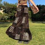 Mojoyce Darlingaga Vintage Y2K Brown Fairycore Grunge Patchwork Long Skirt Autumn Fashion Gothic Graphic Printed High Waist Skirt Female