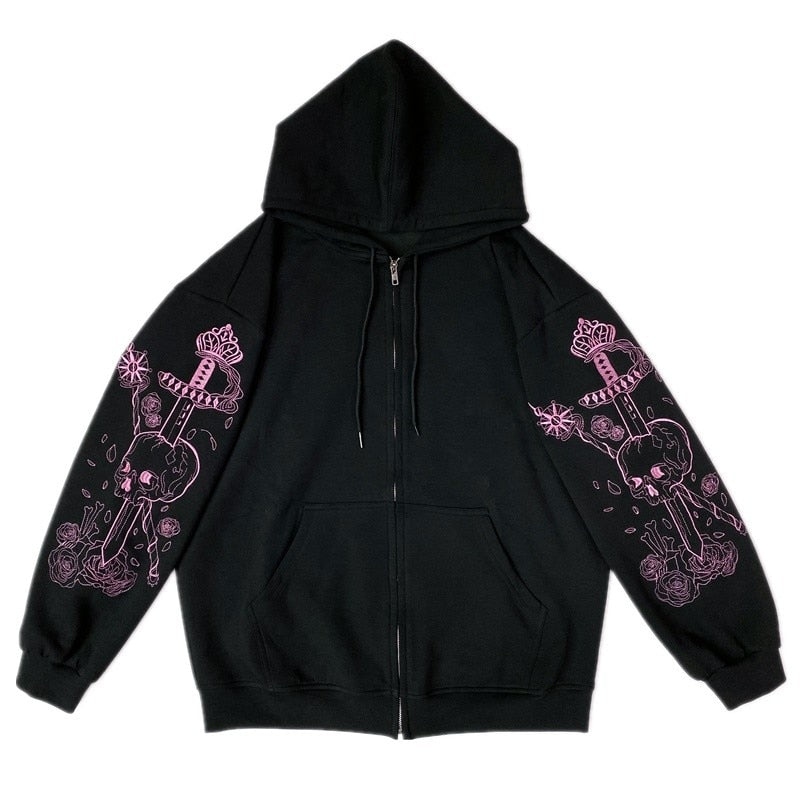 Mojoyce Y2K Harajuku Skeleton Hoodies Women Gothic Black Zip Up Oversized Sweatshirt 2023 Female Retro Harajuku Hooded Jacket Streetwear