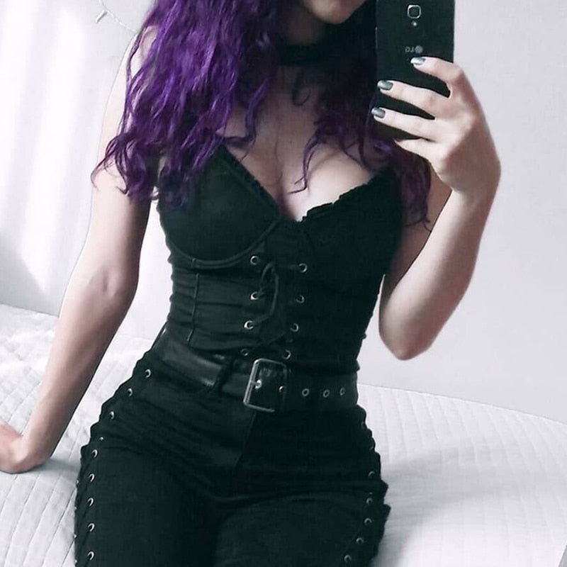 Mojoyce Darlingaga Mall Goth V Neck Strap Corset Top Fashion Lace Up Punk Style Crop Top Ruffles Slim Summer Tops Female Gothic Clothes