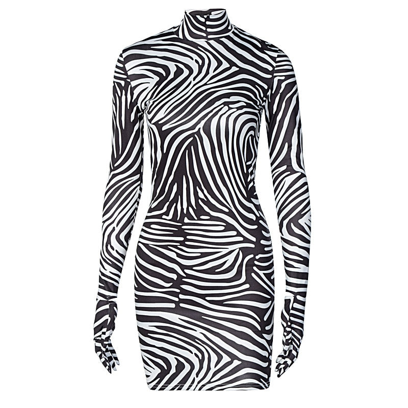 Mojoyce Zebra Print Women Mini Dress Long Sleeve With Gloves Turtleneck Bodycon Sexy Dresses Autumn Winter Slim Club 42016