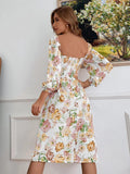 Mojoyce Casual Square Collar Lace Printing Dress Spring Lantren Sleeve Elegant High Waist A Line Midi Dresses For Women 2022