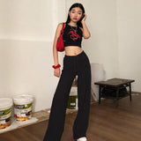 mojoyce High Waist Wide Leg Pants Women Streetwear Letter Embroidery Velvet Red Black Sweatpants Harajuku Trousers C94-AC97