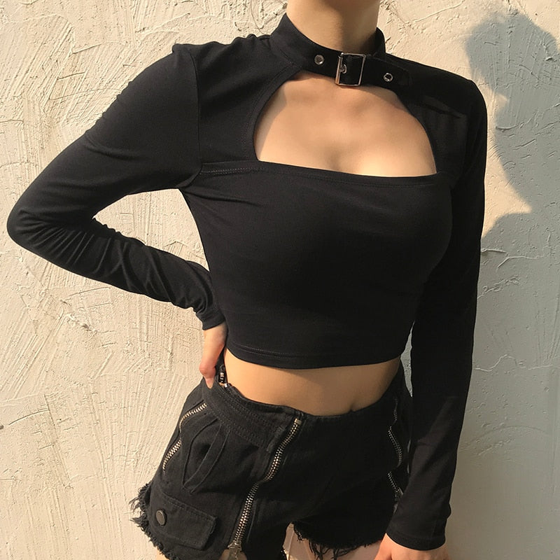 Mojoyce Darlingaga Streetwear Gothic Choker Halter T Shirt Crop Tops Autumn Cut Out Sexy Long Sleeve Tshirt Women Cotton Top Tee Clothes