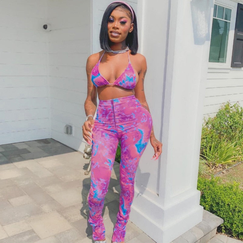 Mojoyce Fashion Printed Bra Crop Top and Pants 2 Piece Set Women Sexy Two Piece Club Outfits Matching Sets Sweat Suits