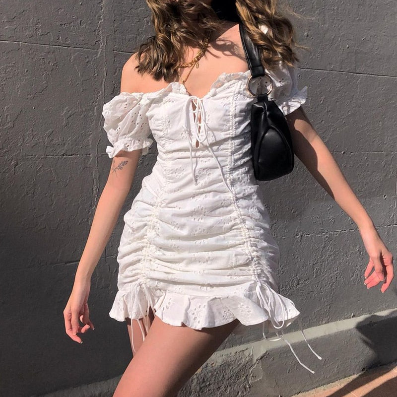 Mojoyce Fashion Square Neck Lace Up White Dress Women Drawstring Ruched Vintage Summer Dresses Mini Ruffles Elegant Jacquard